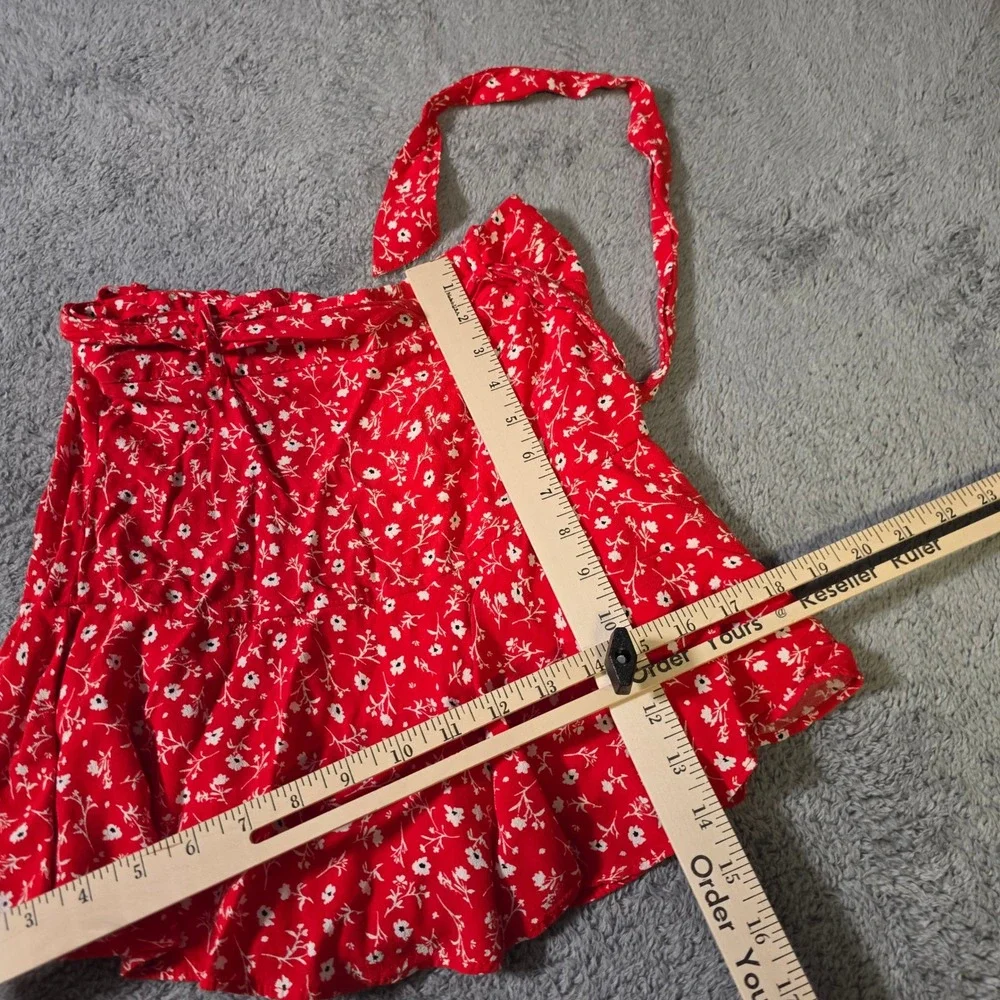 Zara Womens S Mini Skirt Red Floral Wrap Tie Waist Ruffle Hem Summer Cottagecore